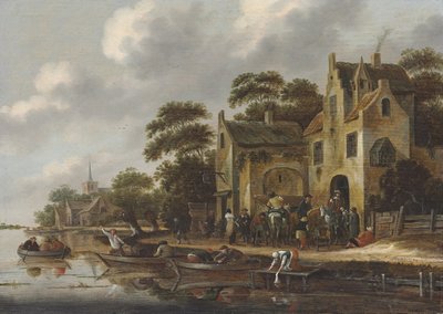 Das Ufer eines Flusses, mit Figuren in Ruderbooten und Reisenden vor einem Gasthaus, eine Kirche dahinter von Thomas Heeremans