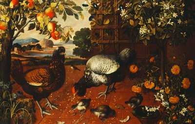 Ein Hahn, eine Henne und Küken in einem Hof von Thomas Hiepes