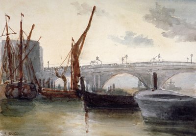 Ansicht der Blackfriars-Brücke mit Booten im Vordergrund, London, ca. 1835 von Thomas Hollis