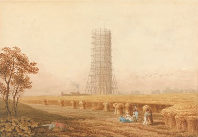 Bonapartes Säule im Gerüst in Boulogne, Frankreich, mit Erntearbeitern auf einem Feld von Thomas Hosmer Shepherd