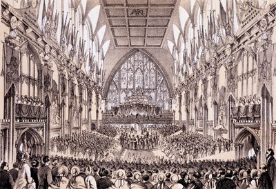 Innenansicht der Guildhall - Der Lord Mayor und die Corporation überreichen ihre Adresse an den Kaiser und die Kaiserin von Frankreich, 19. April 1855 von Thomas Hosmer Shepherd