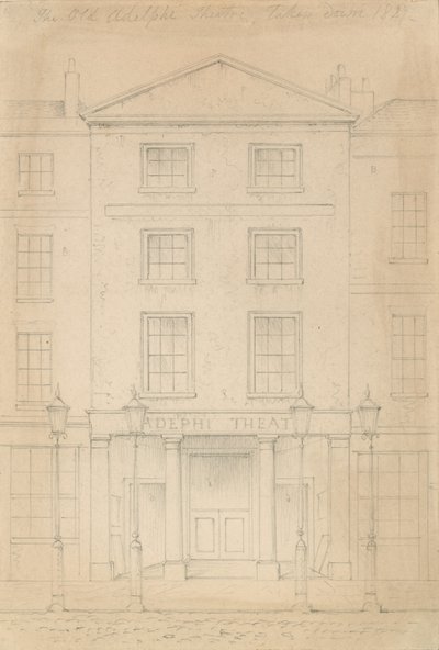 Originale Bleistiftskizze des Adelphi Theaters, London, von Thomas H Shepherd von Thomas Hosmer Shepherd