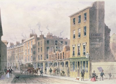Ansicht in der Threadneedle Street, Abriss für Verbesserungen, Merchant Taylors, Hall oder Alderman Moon Print Shop an der Ecke Finch Lane von Thomas Hosmer Shepherd