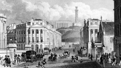 Waterloo Place, die National- und Nelson-Denkmäler und Calton Hill, Edinburgh, graviert von Thomas Barber, 1829 von Thomas Hosmer Shepherd