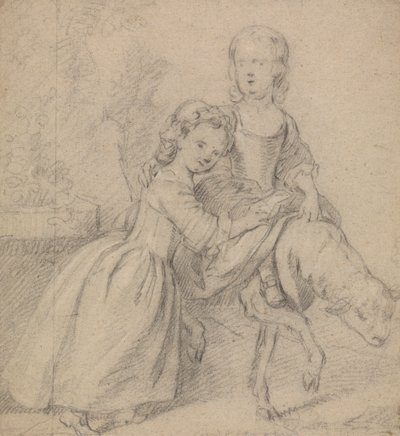 Zwei Mädchen in einer Landschaft, eines reitet auf einem Lamm von Thomas Hudson