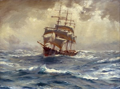 Ein Schiff mit 4 Masten vor dem Sturm, dieser Schiffstyp wurde für den Handel mit Getreide und Salpeter aus Südamerika um Kap Hoorn (Chile) verwendet von Thomas J. Somerscales
