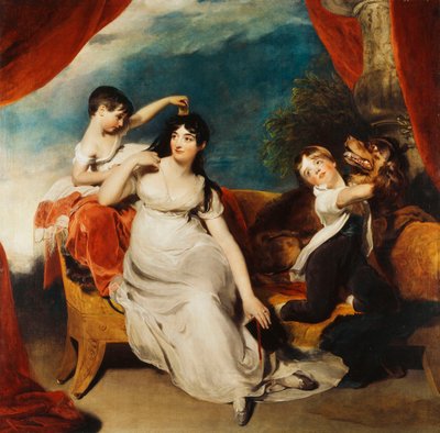 Gruppenporträt von Mrs. Henry Baring und zwei ihrer Kinder und einem großen Hund, eine Landschaft dahinter, ca. 1817-1824 von Thomas Lawrence