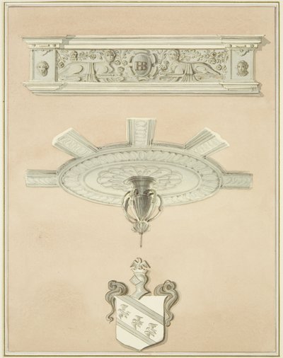 Details des Raums in der Rechtsbibliothek, einschließlich zentralem Deckenpendel und Gesims von Thomas Leeson the Elder Rowbotham