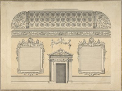 Entwurf für einen Abschnitt eines Rokoko-Zimmers mit einem gewölbten Decken und verzierten korinthischen Säulen, ca. 1750 von Thomas Lightoler.