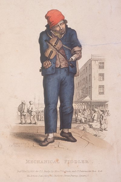Geiger mit einer Prothese, mit einem Markt im Hintergrund, 1820 von Thomas Lord Busby