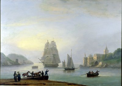 Eine Brigg fährt in den Hafen von Dartmouth ein, mit einer Fähre im Vordergrund, 1828 von Thomas Luny