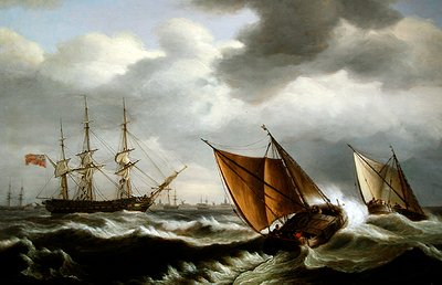 Niederländisches Küstenfahrzeug mit einer englischen Fregatte vor Anker in einem Sturm vor Harwich von Thomas Luny