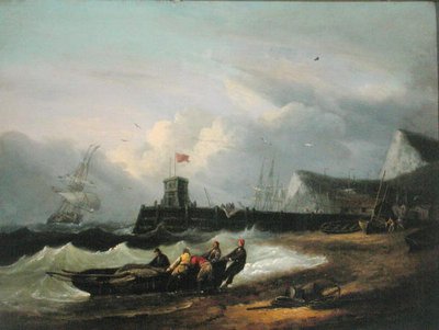 Ein Boot an Land ziehen vor dem Hafen von Dover von Thomas Luny