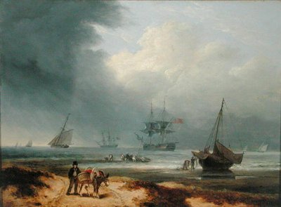 Schiffe in einer windgepeitschten Bucht mit arbeitenden Männern am Ufer von Thomas Luny