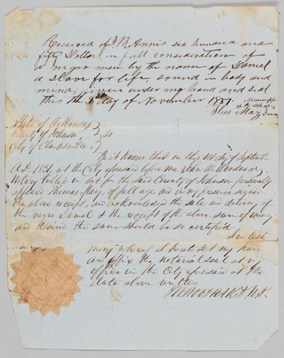Kaufvertrag für einen Mann namens Daniel an Jerome B. Annis von Thomas May