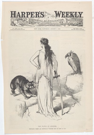 Die Wache auf Spoilers. Die Demokratischen Tiger und Republikanischen Geier müssen in Schach gehalten werden. von Thomas Nast