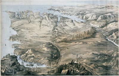 Panoramablick auf die Verschanzung der alliierten Armeen von England und Frankreich vor Sebastopol (Lithographie, getönt) von Thomas Packer