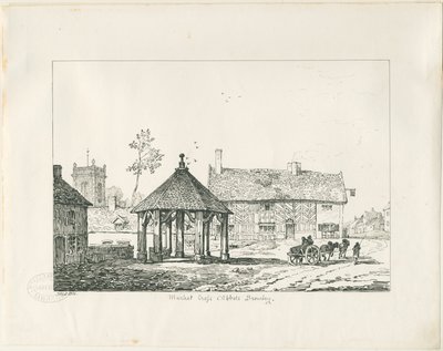 Abbots Bromley - Tudor-Marktkreuz und Haus: Feder- und Tintenzeichnung von Thomas Peploe Wood
