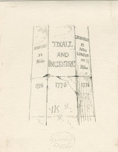 Tixall - Steinsäule mit Entfernungsangaben: Feder- und Tintenzeichnung, undatiert [Mitte 19. Jh.] von Thomas Peploe Wood