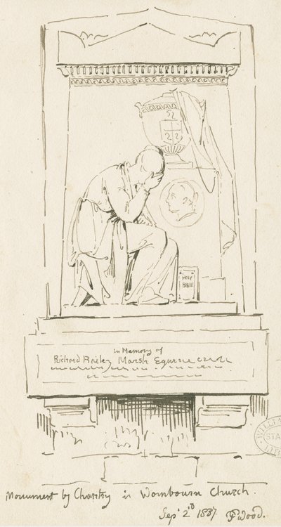 Wombourne Kirche - Denkmal für Richard Bailey Marsh: Feder- und Sepia-Zeichnung, 2. September 1837 von Thomas Peploe Wood
