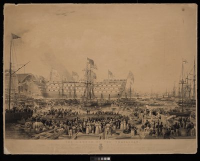 Der Stapellauf der Trafalgar, in Anwesenheit Ihrer Majestät Königin Victoria und Seiner Königlichen Hoheit Prinz Albert, in der H.M. Werft, Woolwich von Thomas Picken