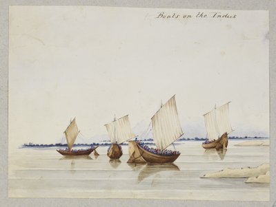 Boote auf dem Indus, Album mit 212 Zeichnungen und 11 Lithographien, die Kostüme, Berufe, Landschaften und Gebäude in Sind, Cutch und Bombay darstellen von Thomas Postans
