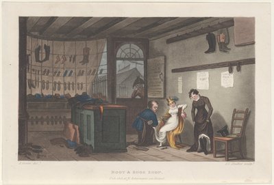 Stiefel- und Schuhgeschäft, aus Poetische Skizzen von Scarborough, 1813 von Thomas Rowlandson, Joseph Constantine Stadler, J. Bluck