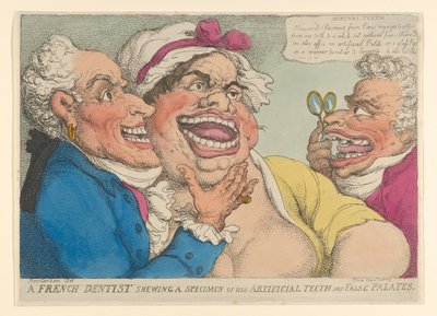 Ein französischer Zahnarzt zeigt ein Exemplar seiner künstlichen Zähne und falschen Gaumen, 1811 von Thomas Rowlandson