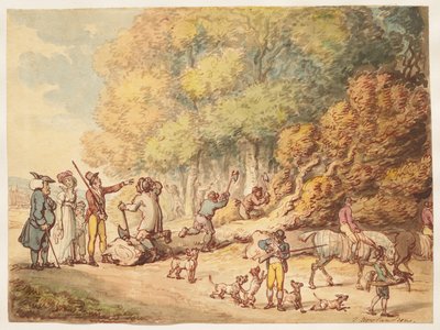 Ein Jagdsportler mit seiner Familie weist Waldarbeiter an, einen gefällten Baum zu zerkleinern von Thomas Rowlandson
