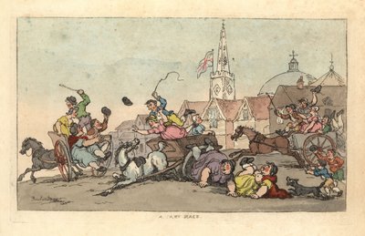 Ein Wagenrennen in einer englischen Stadt mit einem Unfall im Vordergrund von Thomas Rowlandson