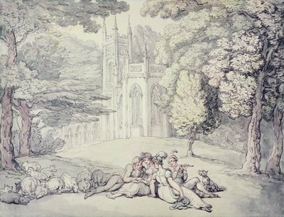 Ein College-Grün mit einer Gruppe von Damen und jungen Herren im Vordergrund von Thomas Rowlandson