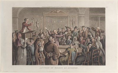 Auktion von Reliquien in Avignon, aus Journal of Sentimental Travels in the Southern Provinces, 1821 von Thomas Rowlandson