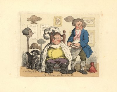 Barbier und Kunde in einem mit Perücken dekorierten Friseursalon von Thomas Rowlandson