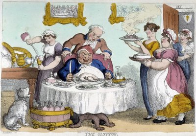 Bürger vor einem üppigen Mahl, serviert von vielen Dienern - Karikatur von Rowlandson von Thomas Rowlandson
