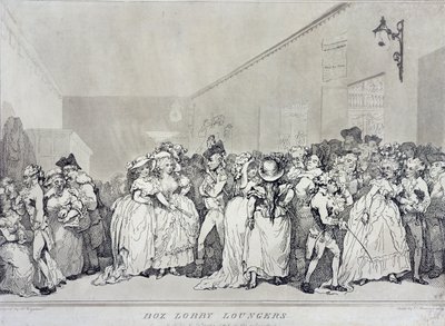 Box Lobby Loungers, geätzt von Rowlandson nach einem Entwurf von Henry Wigstead, veröffentlicht von John Raphael Smith, 1786 von Thomas Rowlandson
