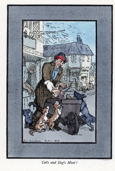 Wandernder Metzger schneidet ein Stück Fleisch. Holzstich nach einem Gemälde von Thomas Rowlandson, veröffentlicht in 