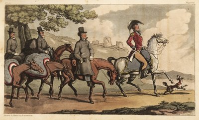 Kapitän Johnny Newcome und seine Diener mit Packpferden auf dem Weg nach Santarem, Portugal, um zur Halbinsel-Kampagne zurückzukehren. Handkolorierte Kupferstichgravur, gezeichnet und radiert von Thomas Rowlandson aus Colonel David Roberts