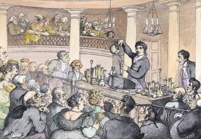 Chemievorlesungen, ca. 1809 (spätere Kolorierung) von Thomas Rowlandson