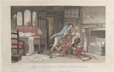 Konflikt zwischen Quae Genus und Anwalt Gripe-all, aus Die Geschichte von Johnny Q..., 1. Oktober 1821 von Thomas Rowlandson