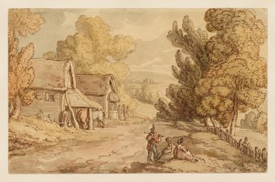 Hütte und Scheune mit Figuren, die an der Seite einer Landstraße ruhen von Thomas Rowlandson