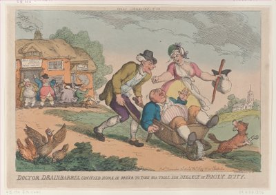 Doktor Drainbarrel wird nach Hause gebracht, um sich wegen Vernachlässigung vor Gericht zu verantworten von Thomas Rowlandson