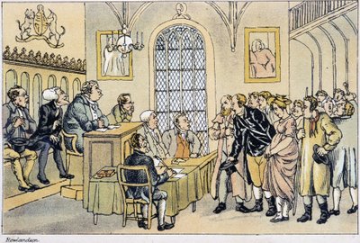 Dr. Syntax vor dem Gerichtshof (in „Die drei Reisen des Doktor Syntax auf der Suche nach dem Malerischen, Trost und einer Frau“ von W. Combe, illustriert von Rowlandson, London, Hotten) von Thomas Rowlandson