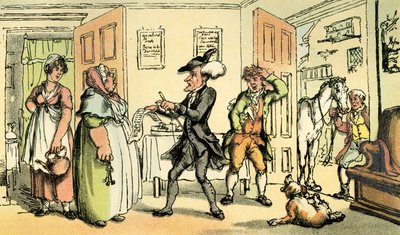 Dr. Syntax streitet sich mit der Wirtin über die Rechnung von Thomas Rowlandson
