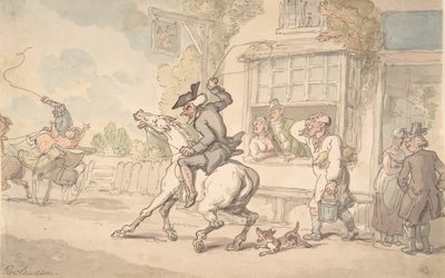 Dr. Syntax mit einem störrischen Pferd vor einem Gasthaus, 18.-19. Jahrhundert von Thomas Rowlandson