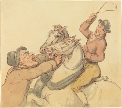 Treiber mit einem Paar aufbäumender Pferde von Thomas Rowlandson