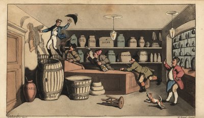 Betrunkener Johnny von Nachtwächtern in einem Lebensmittelladen verfolgt, kurz davor, in ein Butterfass zu fallen. Handkolorierte Kupferstichgravur von W. Read nach einer Illustration von Thomas Rowlandson aus Alfred Burtons Die Abenteuer von Johnny Newcom von Thomas Rowlandson
