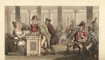 Englischer Gentleman flirtet mit der schönen Limonadiere in einem Café in Paris von Thomas Rowlandson