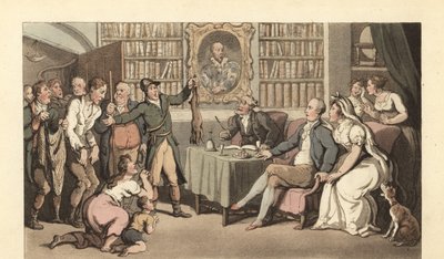 Englischer Gentleman in seinem Arbeitszimmer hört einen Fall von Wilderei von Thomas Rowlandson