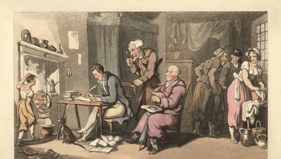 Englischer Gentleman schreibt einen Bittbrief in einem heruntergekommenen Salon von Thomas Rowlandson