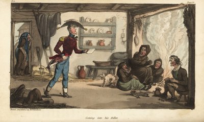 Ensign Johnny Newcome kommt zu seinem Subalternquartier in Portugal, einer Hütte mit schmutzigen Bettlern von Thomas Rowlandson